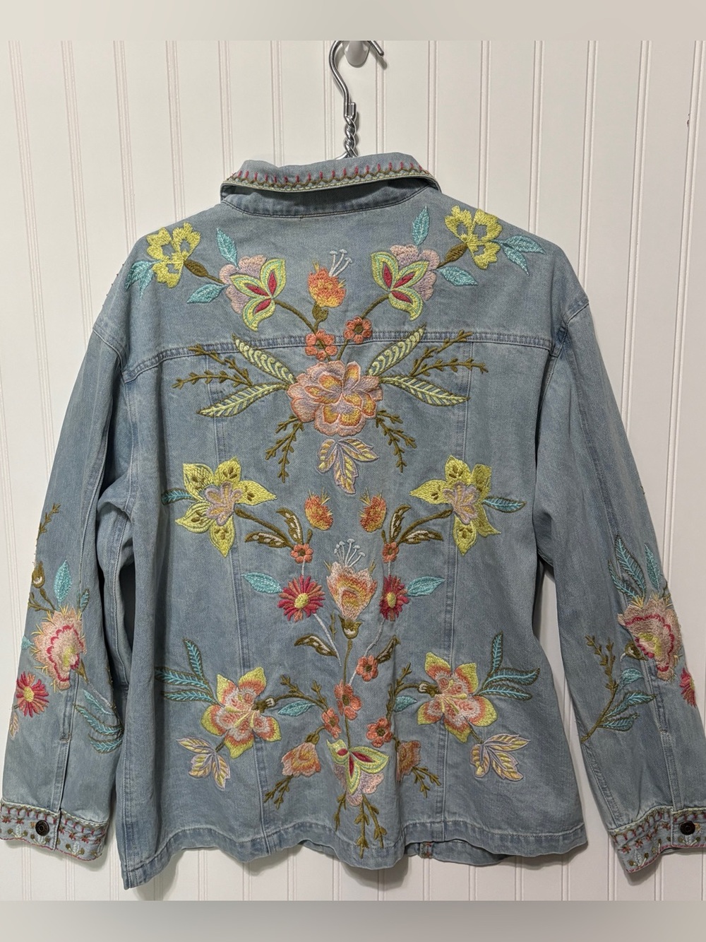JOHNNY WAS Camellia Oversized Embroidered Denim Jean Jacket Womens Size Large